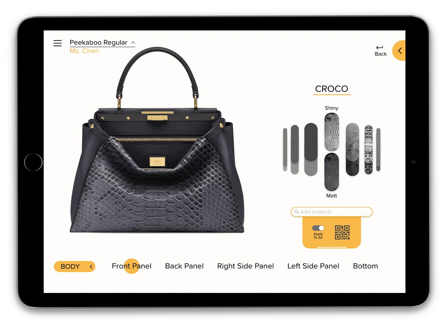 Customized bag selection application screen