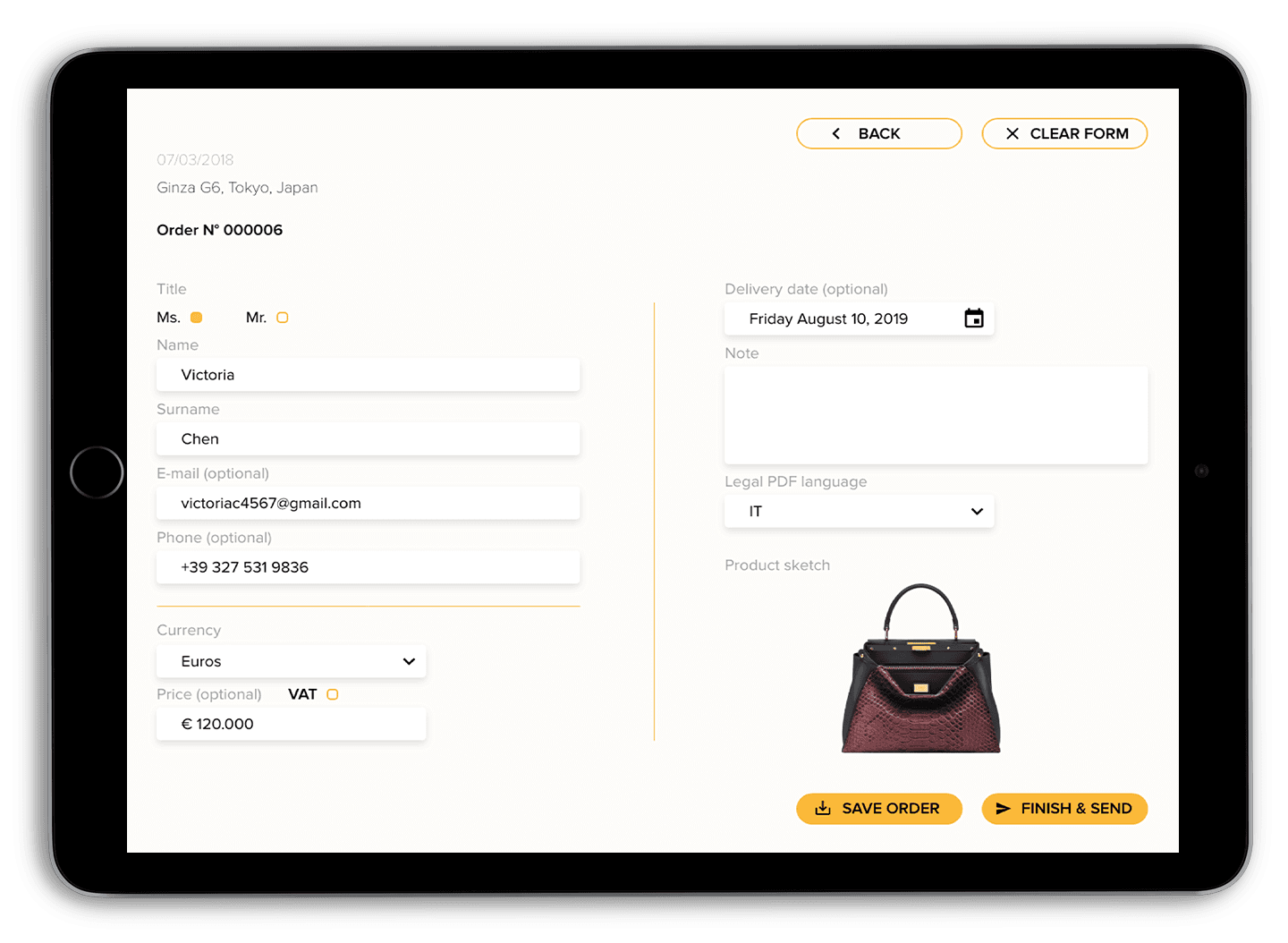 Client's data form application screens