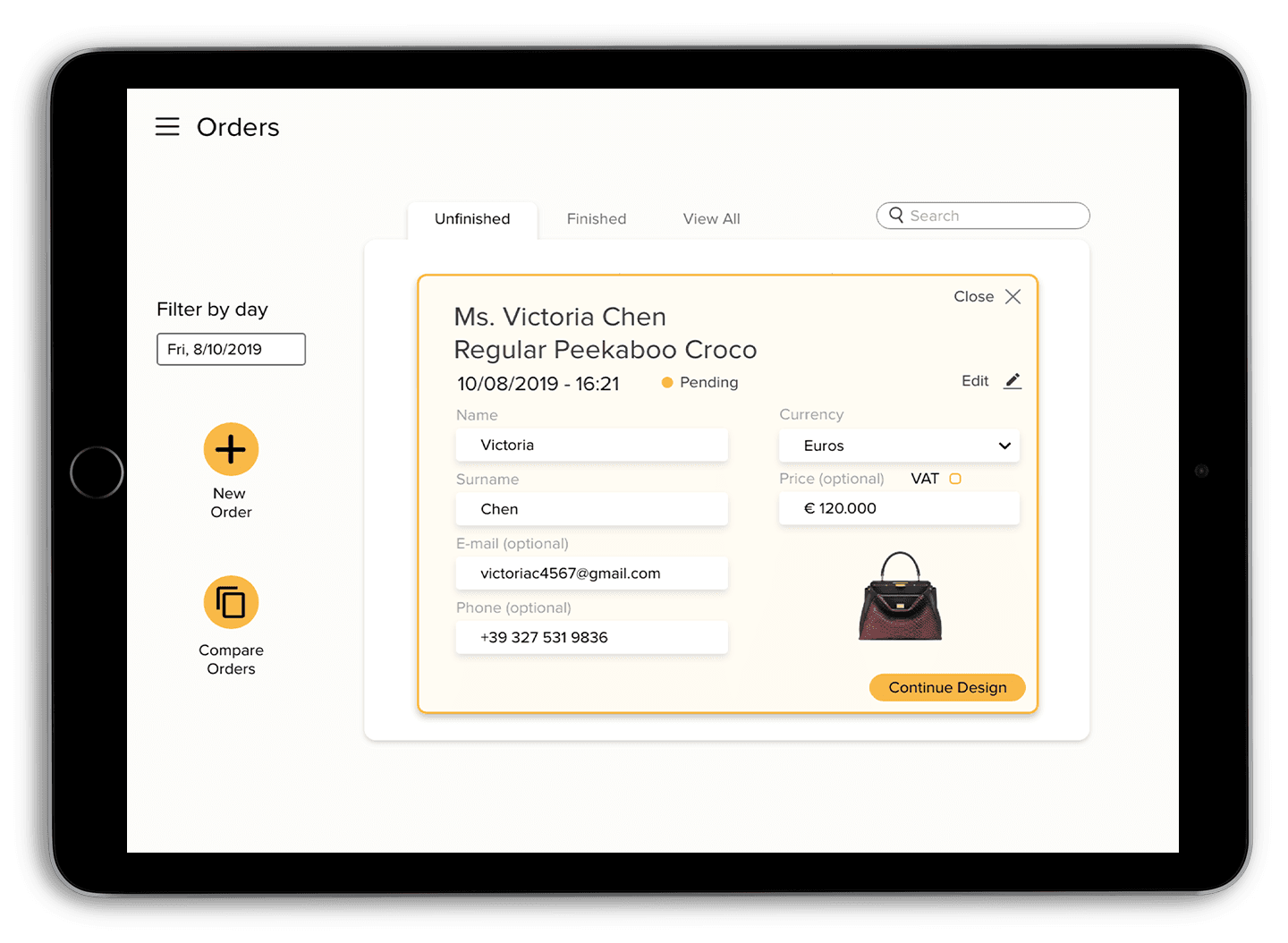 Orders and compare features application screen